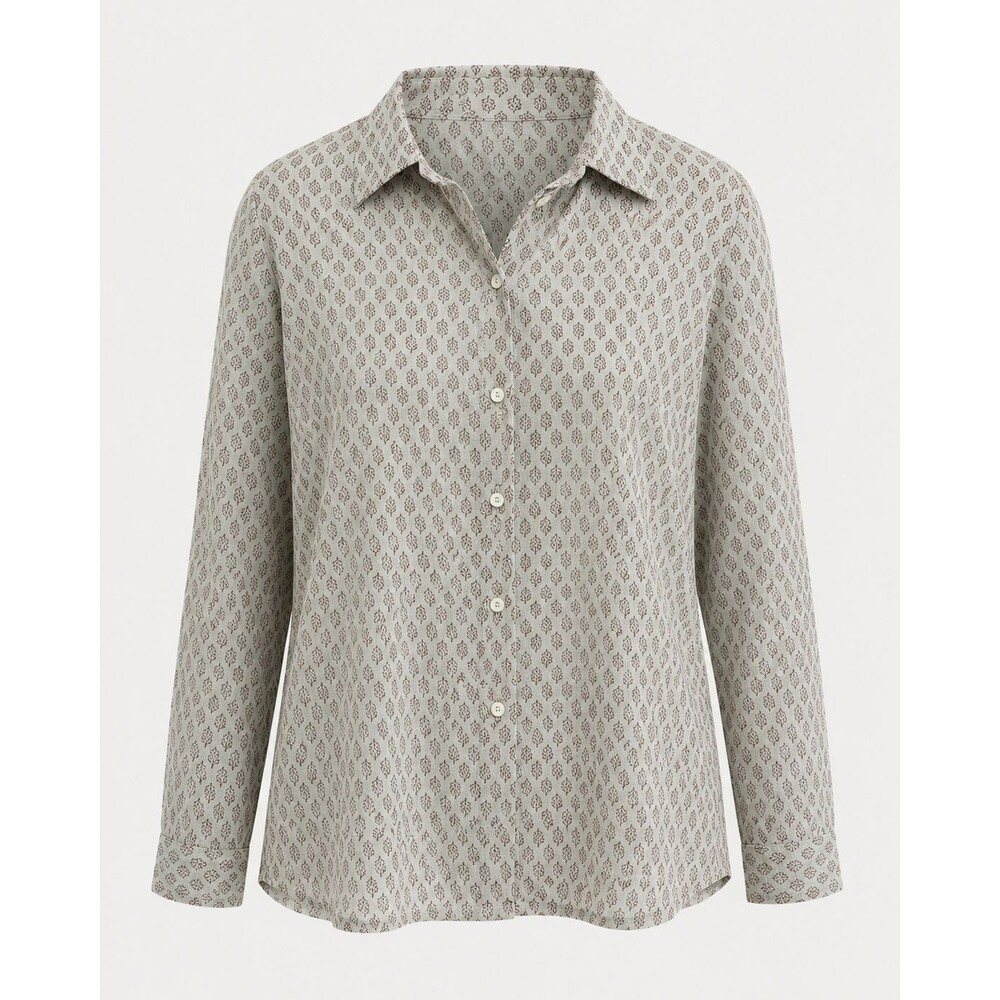 Auntie Oti Button Up Shirt Hand Blocked Blouse Khadi Cotton Sz 2 M-XL Sage Brown